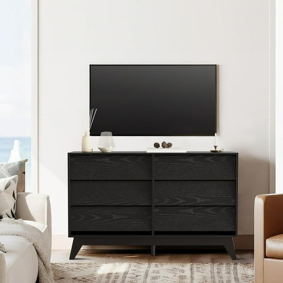 GAOMON Dressers, 6-Drawer, 47"W, Antique Wood, Bevel Chest of Drawers, Modern TV Stand, Bedroom, Living Room, Entryway