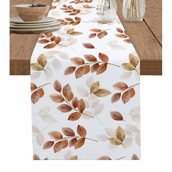 Burnt Orange Grey Eucalyptus Burlap-Cotton Table Runner 72 Inches Long,Fall Botanical Floral Leaves White Farmhouse Table Runners,Outdoor Dining Tablecloths Decor for Baby Shower Party Wedding 18x72