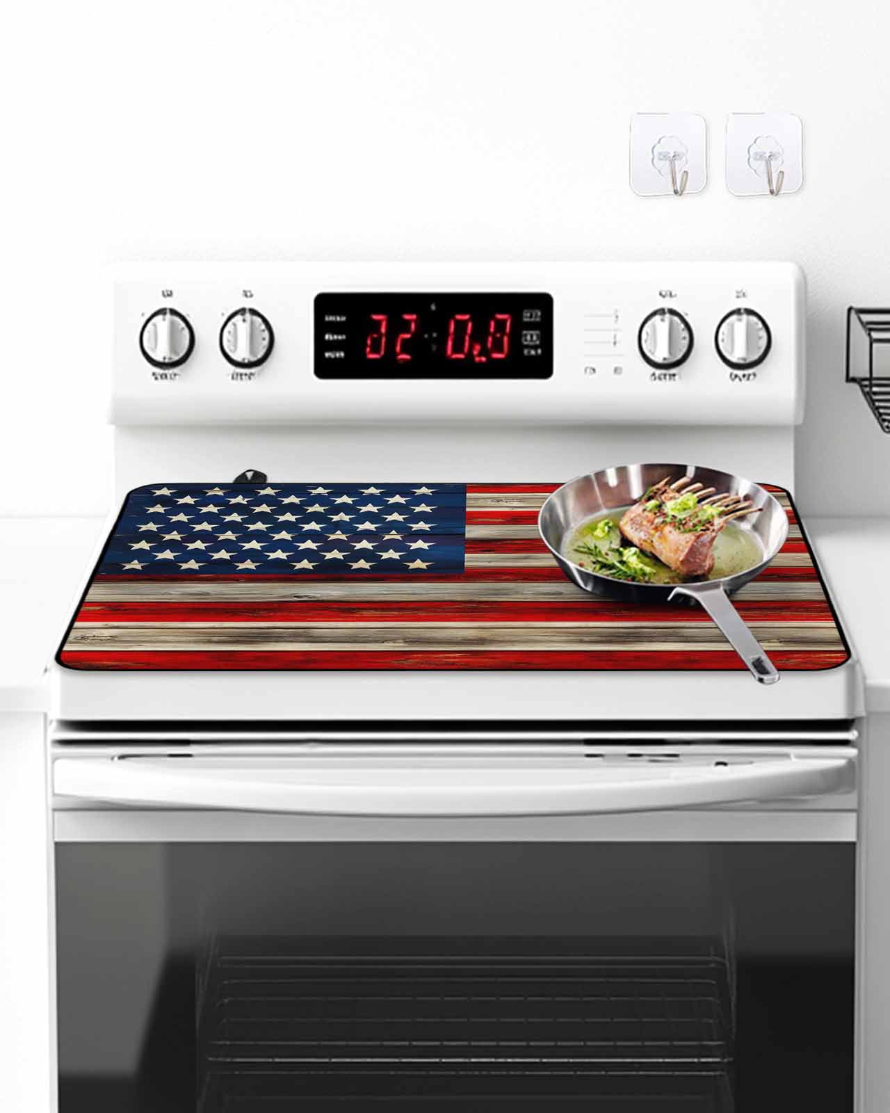 Stove Top Covers for Electric Stove, Vintage American Flag Glass Stovetop Cover Protector, Blue Star Red Striped Wooden Induction Cooktop Protector Oven Mat for Kitchen Countertop 24"x21"