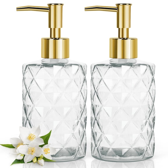 2pcs 330ml Glass Soap Dispenser Set - Transparent & Golden Liquid Hand Soap/Lotion/Shampoo Bottles, Sturdy Pump for Bathroom Kitchen Office Sink
