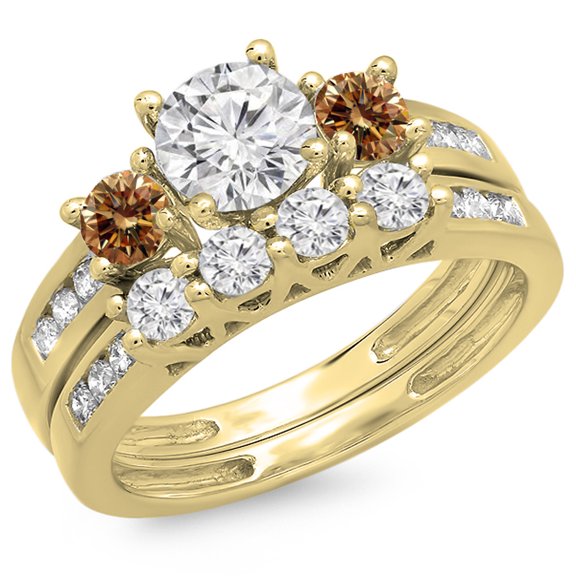 Dazzlingrock Collection 1.80 Carat (ctw) 14K Champagne & White Diamond Bridal 3 Stone Engagement Ring Set, Yellow Gold, Size 8