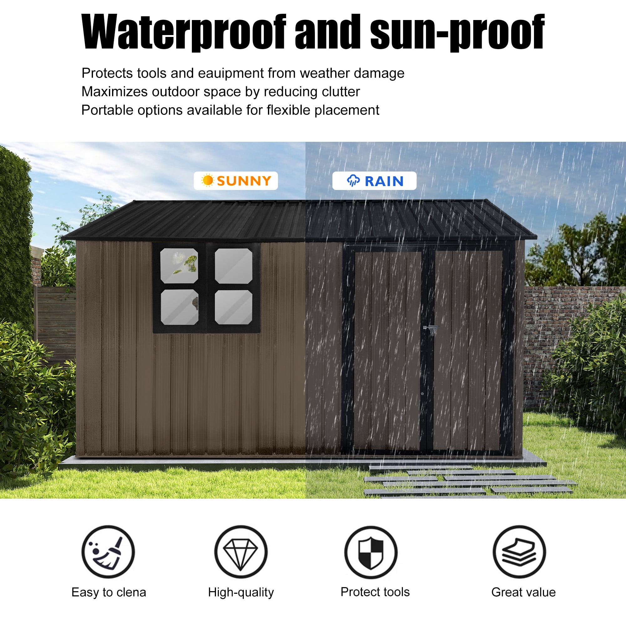 Aukfa 10FT x 8FT Outdoor Storage Shed, Metal Shed Storage with Window, Roof Slope Tool Shed with Door and Padlock for Backyards, Patio Lawns and Outdoor, Brwon