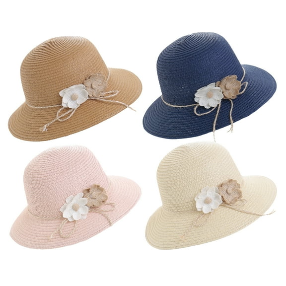 Ludlz Women Straw Hat Flower Wide Brim Caps Summer Beach Hat Sun Protective Hat