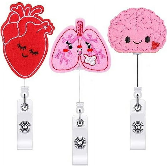 3Pieces Felt Nurse Badge Reels Retractable Badge Holder Cute Brain Heart Lungs Pattern ID Badge Reel Holders with Alligator Clips for Doctor, Nurse, Teacher, Student Lightweight & Easy Retracting