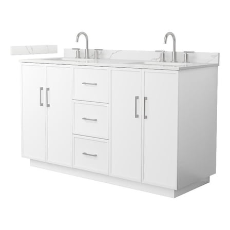Elan TK 60" White Double Vanity & Giotto Quartz Top (3-Hole) & Nickel Trim