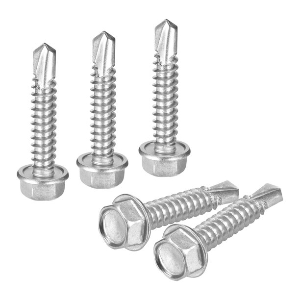 Uxcell 100 Paquete #14 x 1-1/4" Tornillos autorroscantes, Tornillos autoperforantes de acero inoxidable 410 para metal, Cabeza de arandela hexagonal para chapa metálica