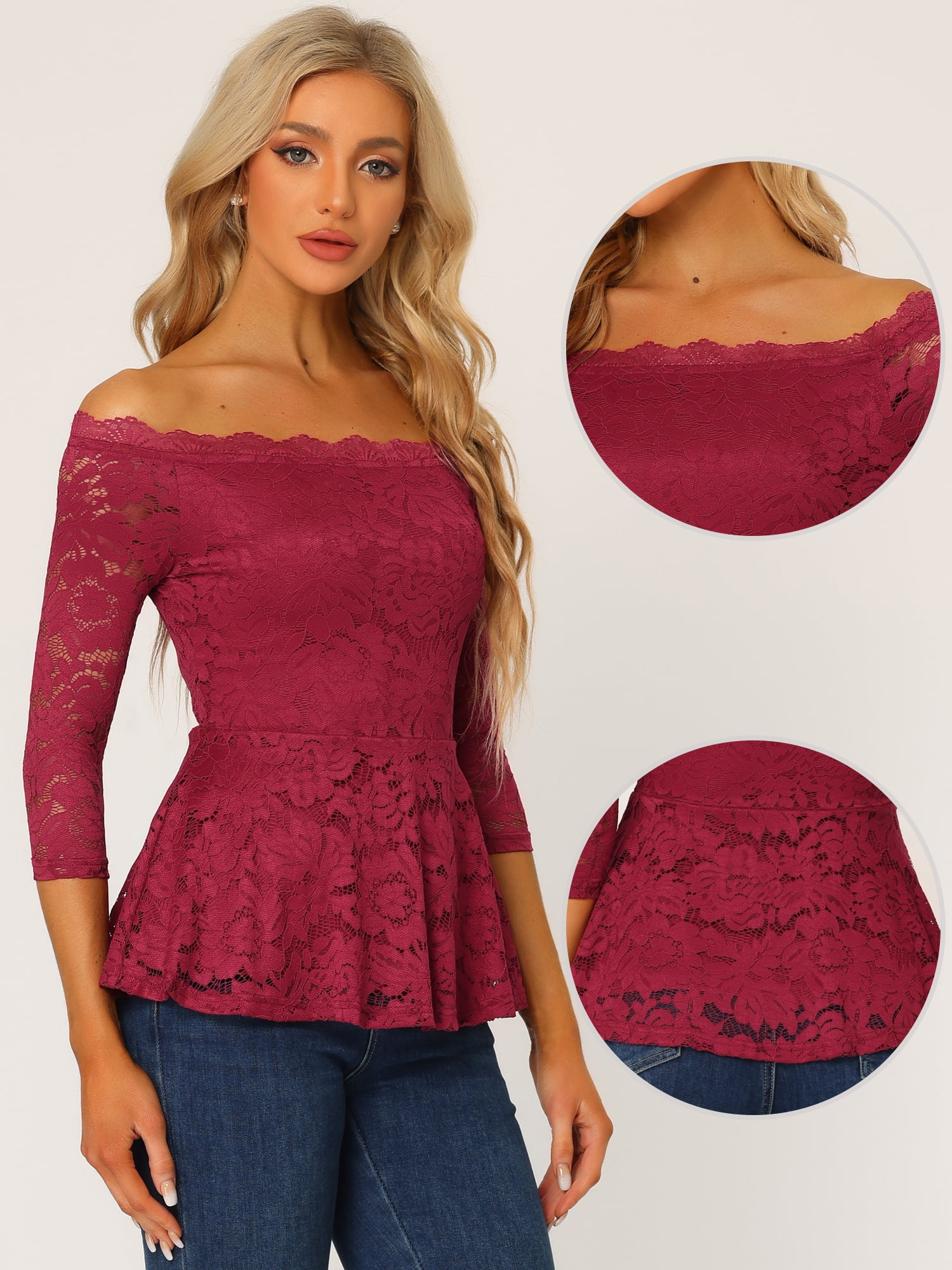 DARING DIVA Lace Off the Shoulder Sheer Peplum Blouse Top M Burgundy
