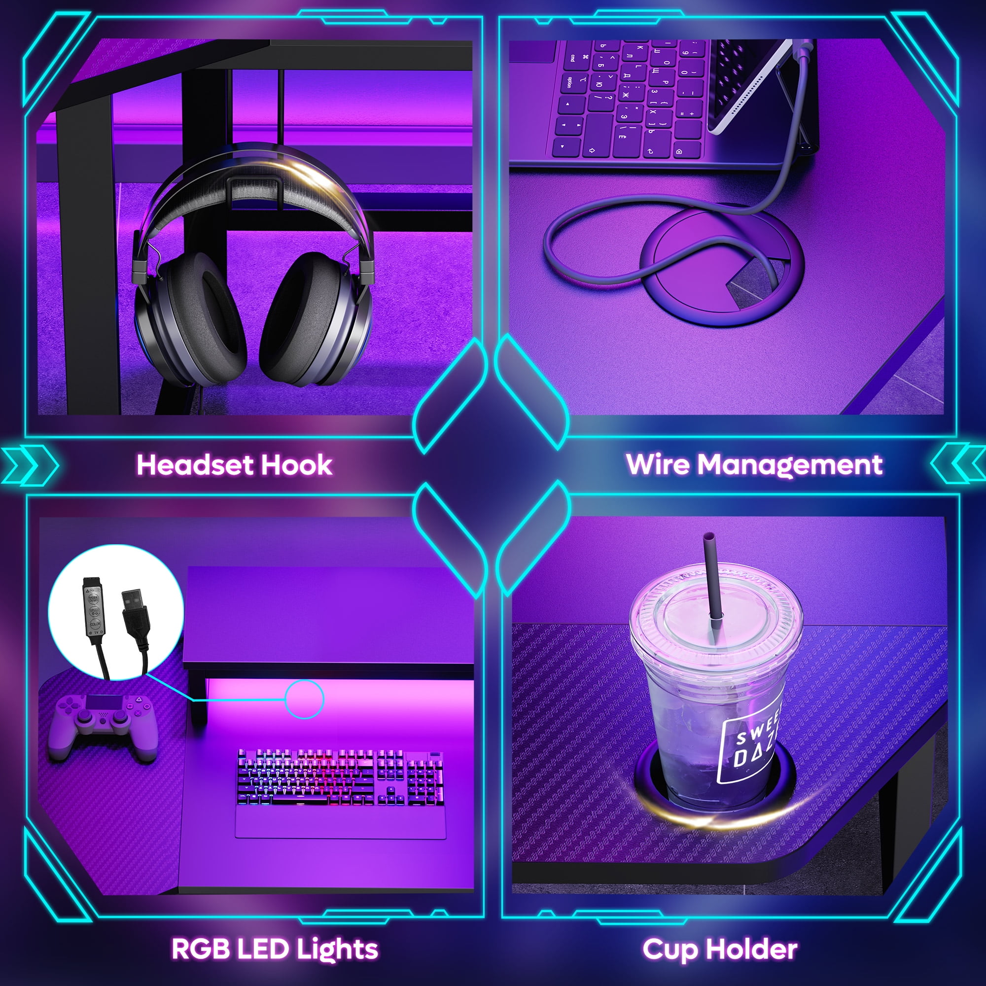 Bestier L-Shaped Gaming Desk 57 Inch Corner Computer Desk with LED Lights & Monitor Riser, Black