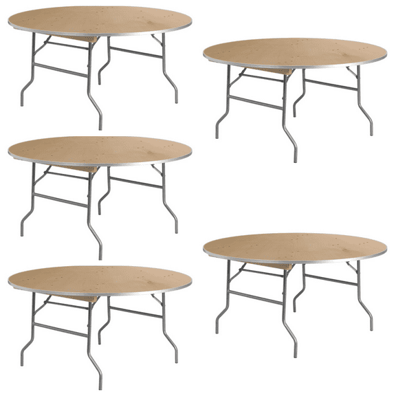 (5 PACK) 60'' Round Birchwood Folding Banquet Table with Metal Edges - Commercial Quality Banquet Folding Table