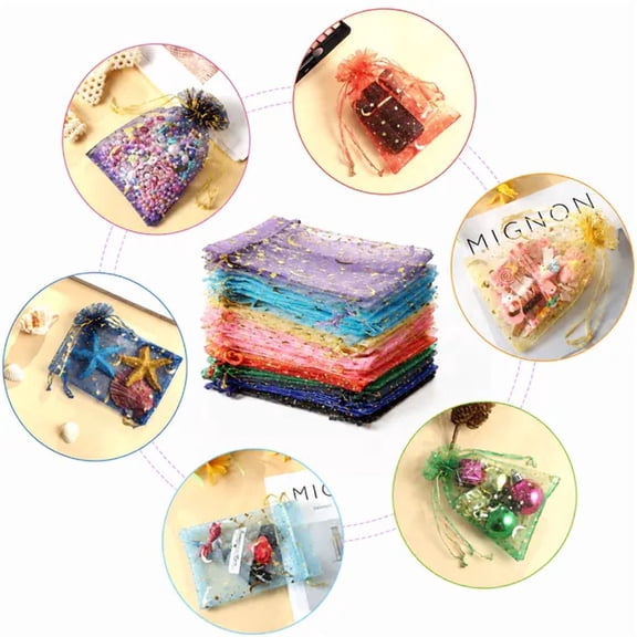 100pcs Mixed Color Moon Star Organza Bags, 4x6 inch Drawstring Mesh Pouches for Jewelry, Candy, Wedding and Party Favors