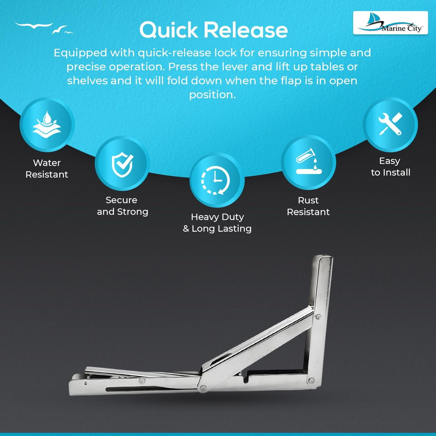 MARINE CITY Table Bracket Long Release Arm, 304 Stainless Steel Folding Shelf Bracket, 12-inch Arm, Supports 330LB, Space-Saving Design, Ideal for Tables, Shelves, Storage Racks Pack of 1
