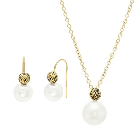 Gold-Tone Stainless Steel Freshwater Pearl Cable Chain and Hook Necklace and Earring Set