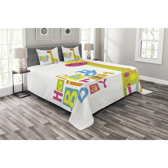 Ambesonne Birthday Quilted Bedspread Set 3 Pcs, Birthday Giraffe, Queen Size, Multicolor