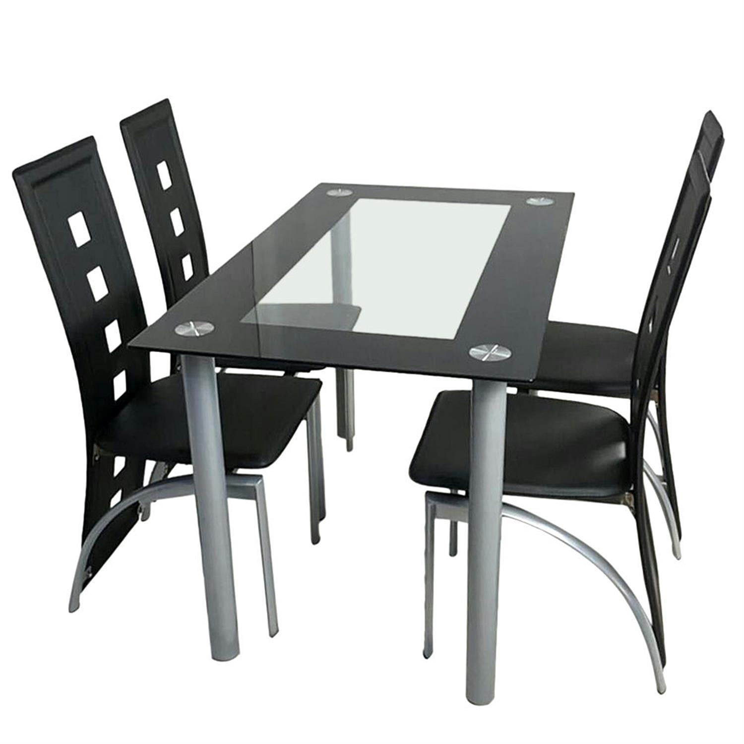 Demi Bonn 43" Dining Table Set with 4 Chairs & Tempered Glass Table for Kitchen, Silver Legs, Comfy Seating for 4 People, Black
