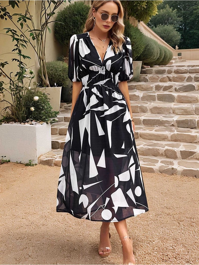 the black v neck floral short sleeve maxi dress Lisa Colly Women's Summer Beach Dress V Neck Floral Print Short Sleeve Maxi Dress Elegant Cocktail Party Dress (Black,Small) at Amazon Women's Clothing store