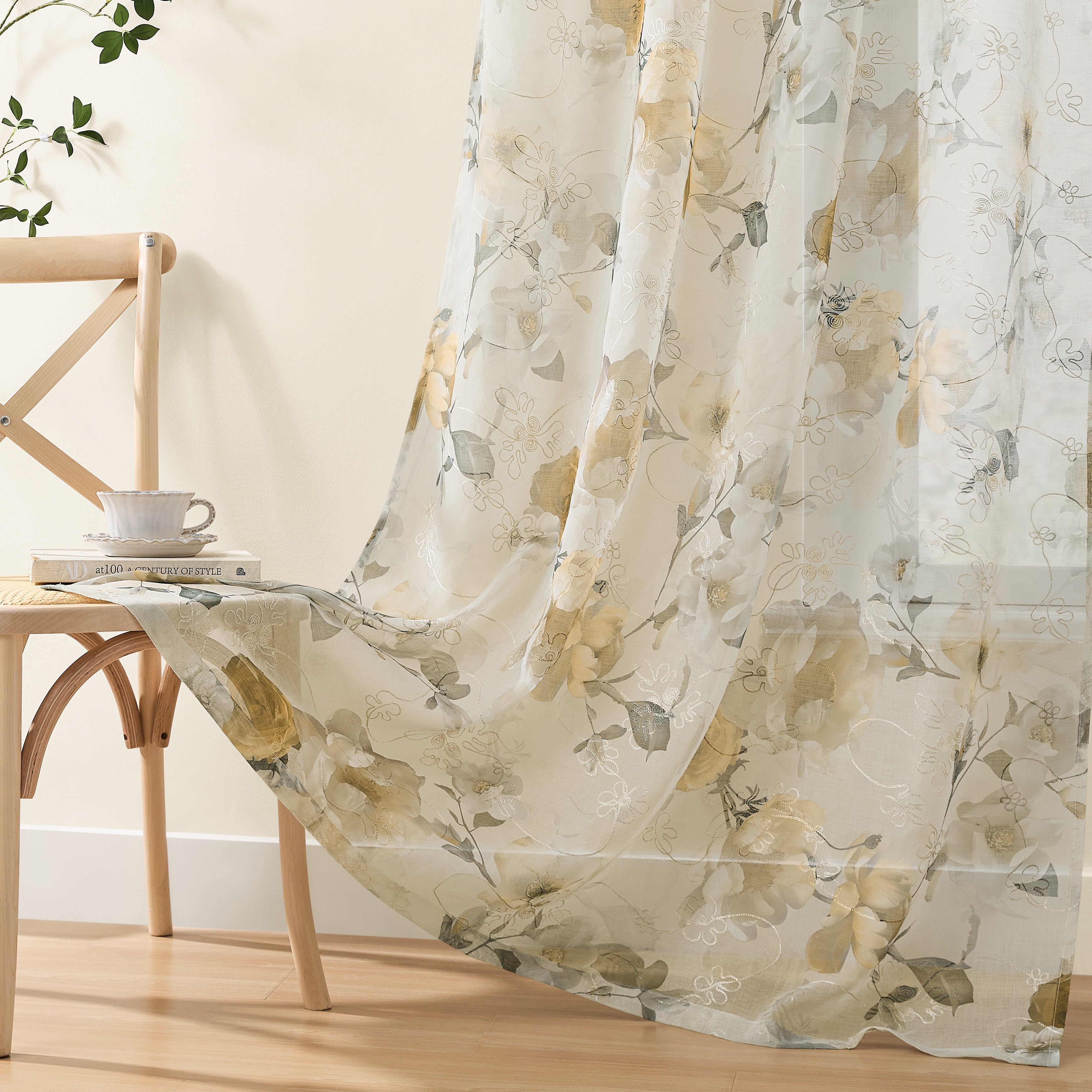 Muuphra Floral Printed&Embroidered Sheer Curtain Rod Pocket Voile curtain for Bedroom Livingroom,2 Panels,Yellow,52×63"