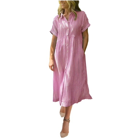 NTACZA Women's Dresses Striped Short Sleeve Collared Casual Shirt Dress Vacation Maxi Size M