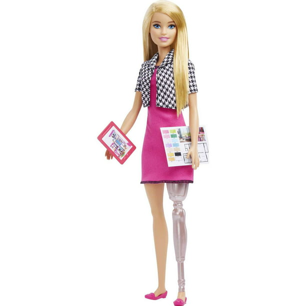 Barbie Interior Design Doll, Pink Dress & Houndstooth Jacket, Prosthetic Leg & Hair - Walmart.com