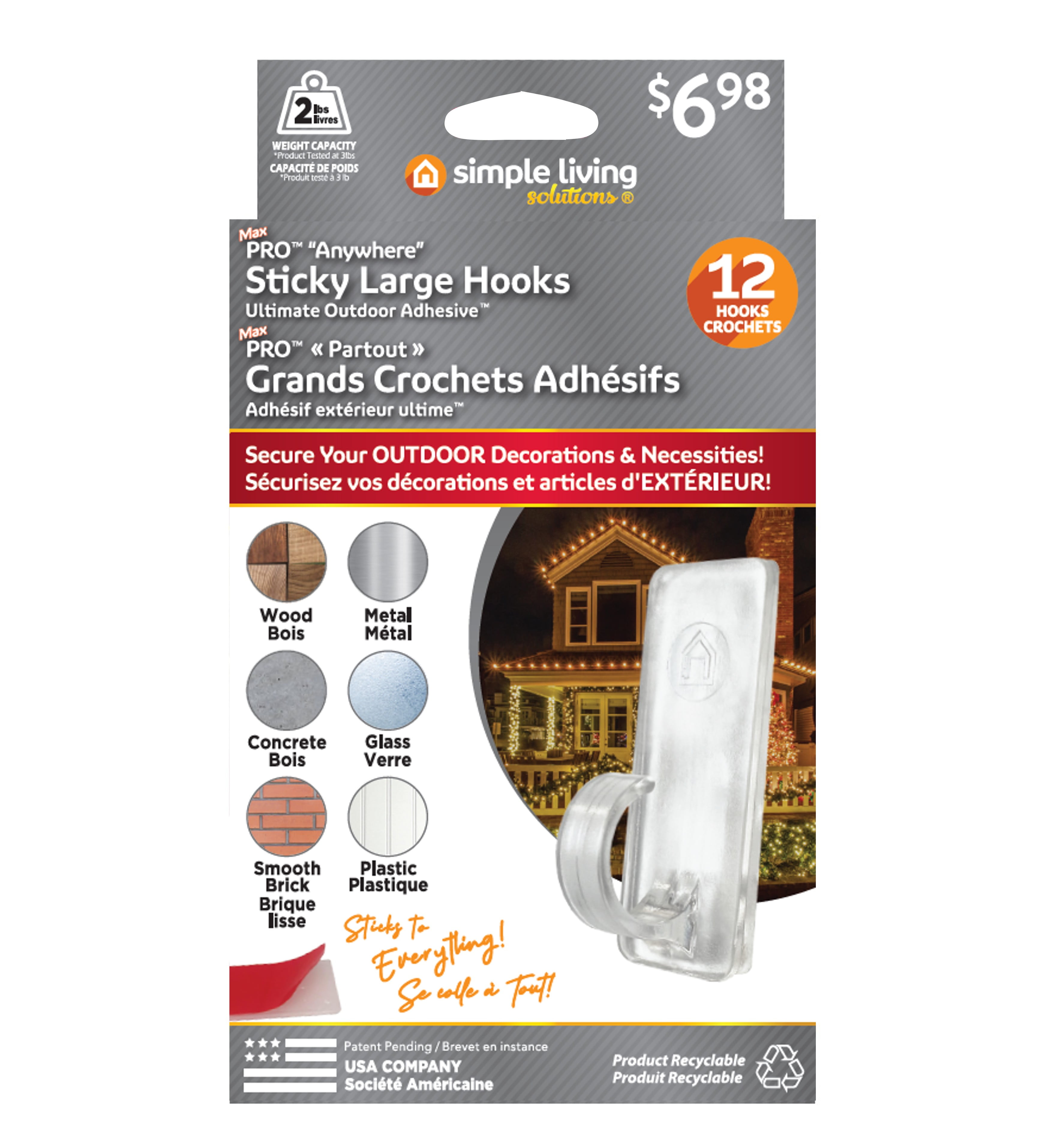 Simple Living Solutions Grand Crochets adhésifs (12ct), Clip adhésif en plastique