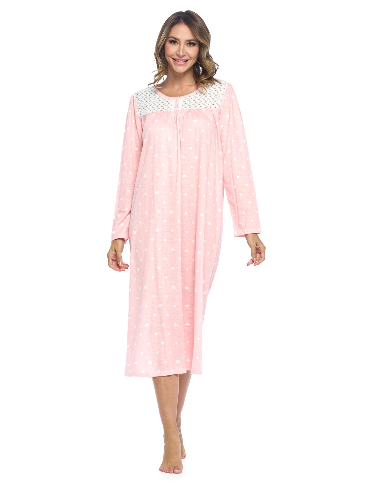 Casual Nights Women's Long Cotton Knitted & Lace Henley Nightgown ...