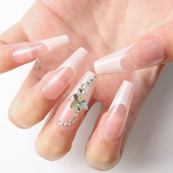 Aurgiarme 24x White French Tip Full Covers False Nails Butterfly Press On Nails Ballerinas Stick On Nails Acrylic Nails for Daily
