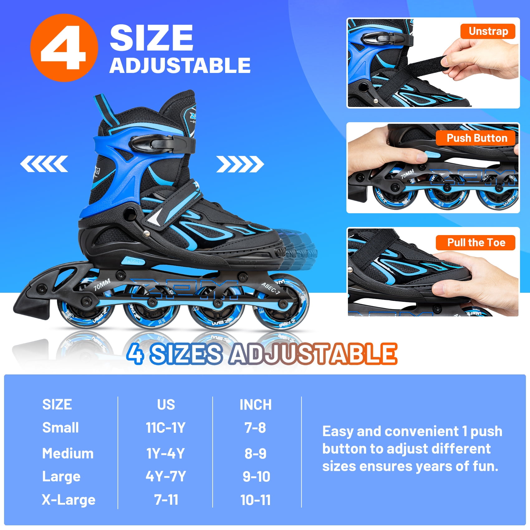 2PM SPORTS Vinal Girls Adjustable Inline Skates with Light up Wheels Beginner Skates Fun Illuminating Roller Skates for Kids Boys and Ladies - Blue X-Large(7M/8W-10M/11W US)
