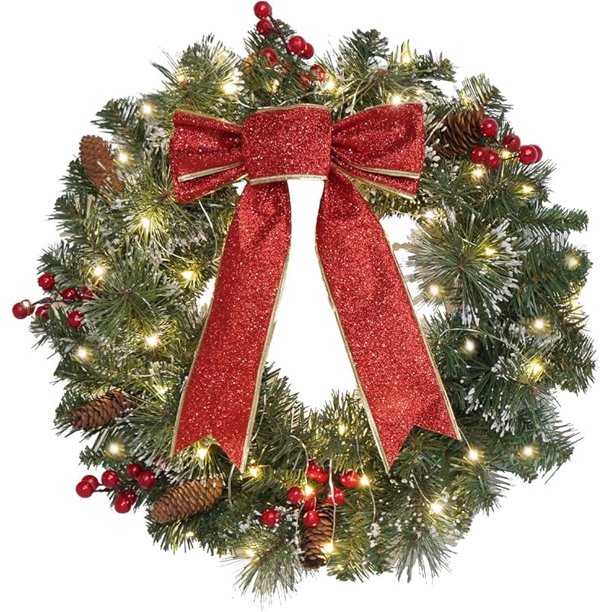 Guirnalda navideña con luces, guirnalda de invierno, guirnalda navideña iluminada de 16 pulgadas para puerta, decoraciones navideñas grandes preiluminadas, guirnaldas navideñas para puerta de