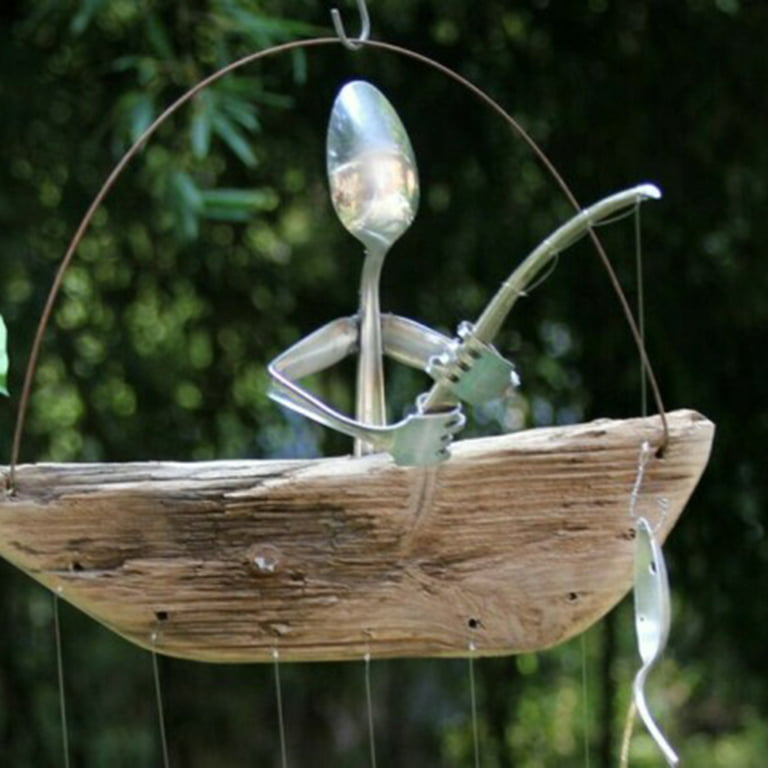 Fishing Man Spoon Fish Sculptures Wind Chime Indoor Outdoor