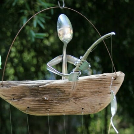Fishing Man Spoon Fish Sculptures Wind Chime Indoor Outdoor Hanging Ornament Decoration New