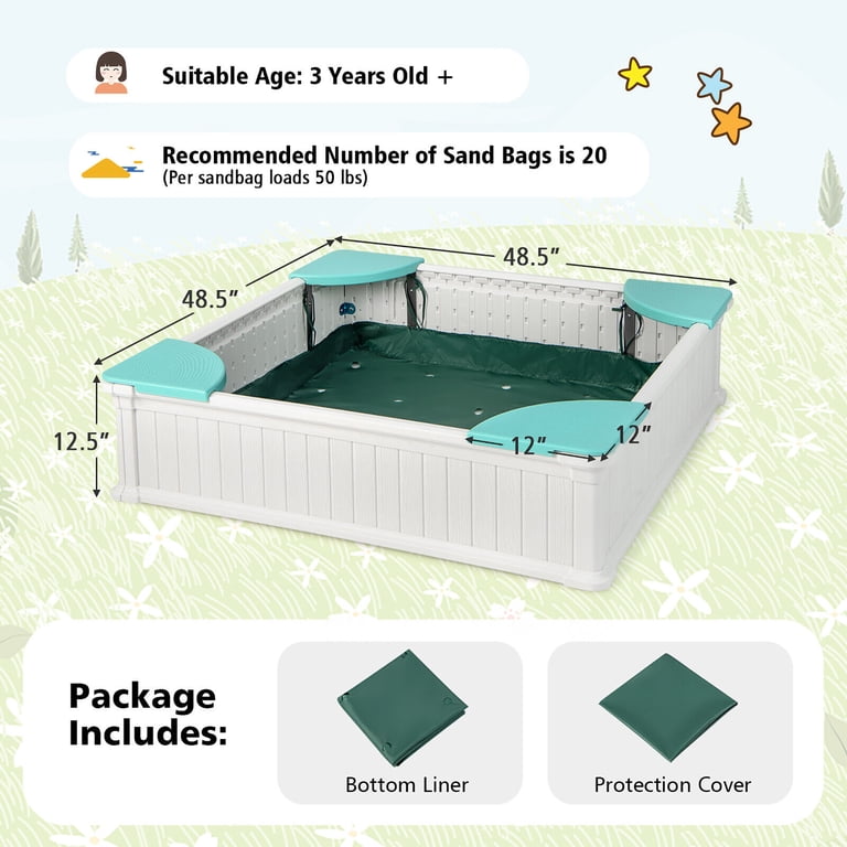 Gymax Outdoor Plastic Sandbox For Kids - Large 48.5''x48.5''x12.5