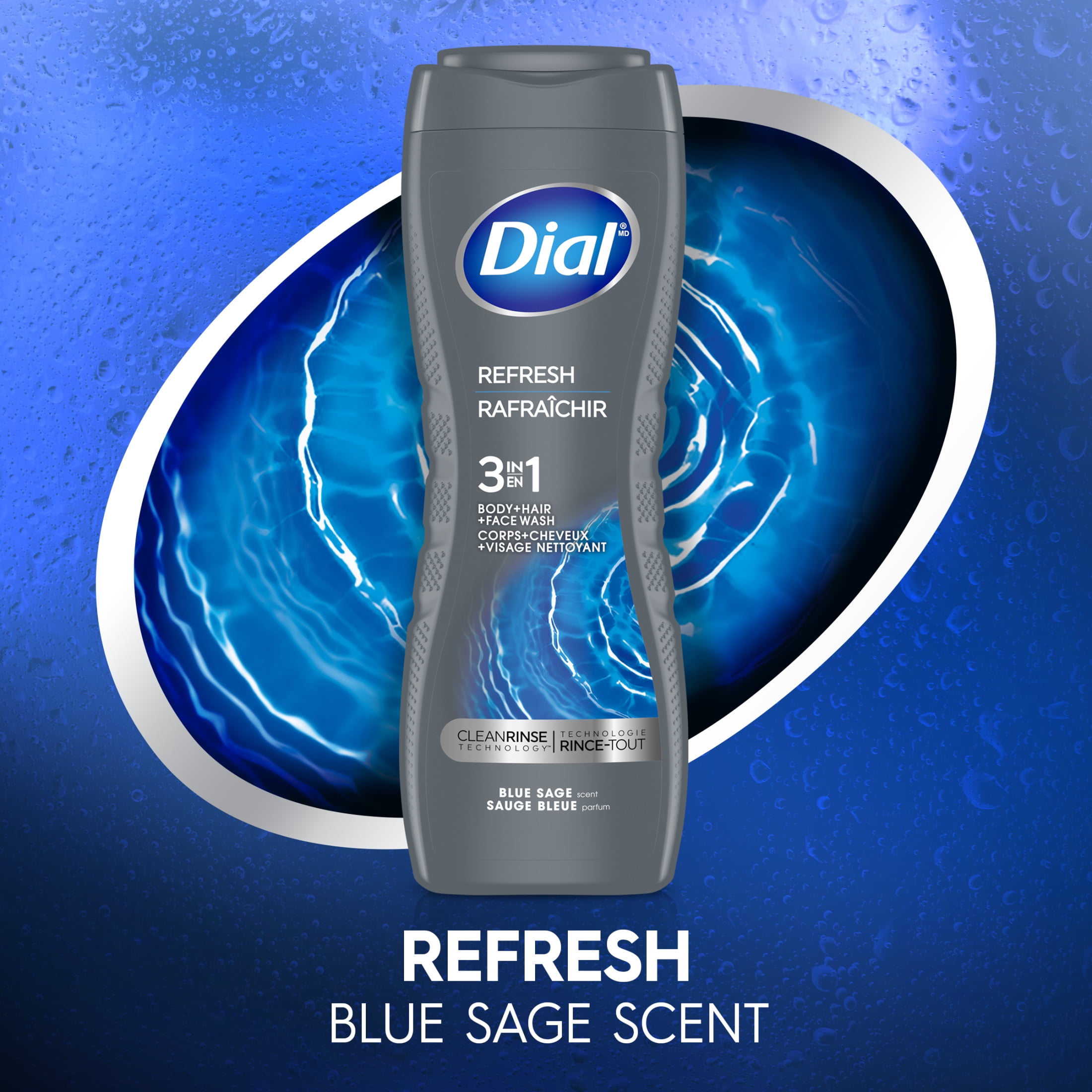 Dial Refresh 3-in-1 Men's Body Wash for Body, Hair & Face, Blue Sage Scent, 16 fl oz