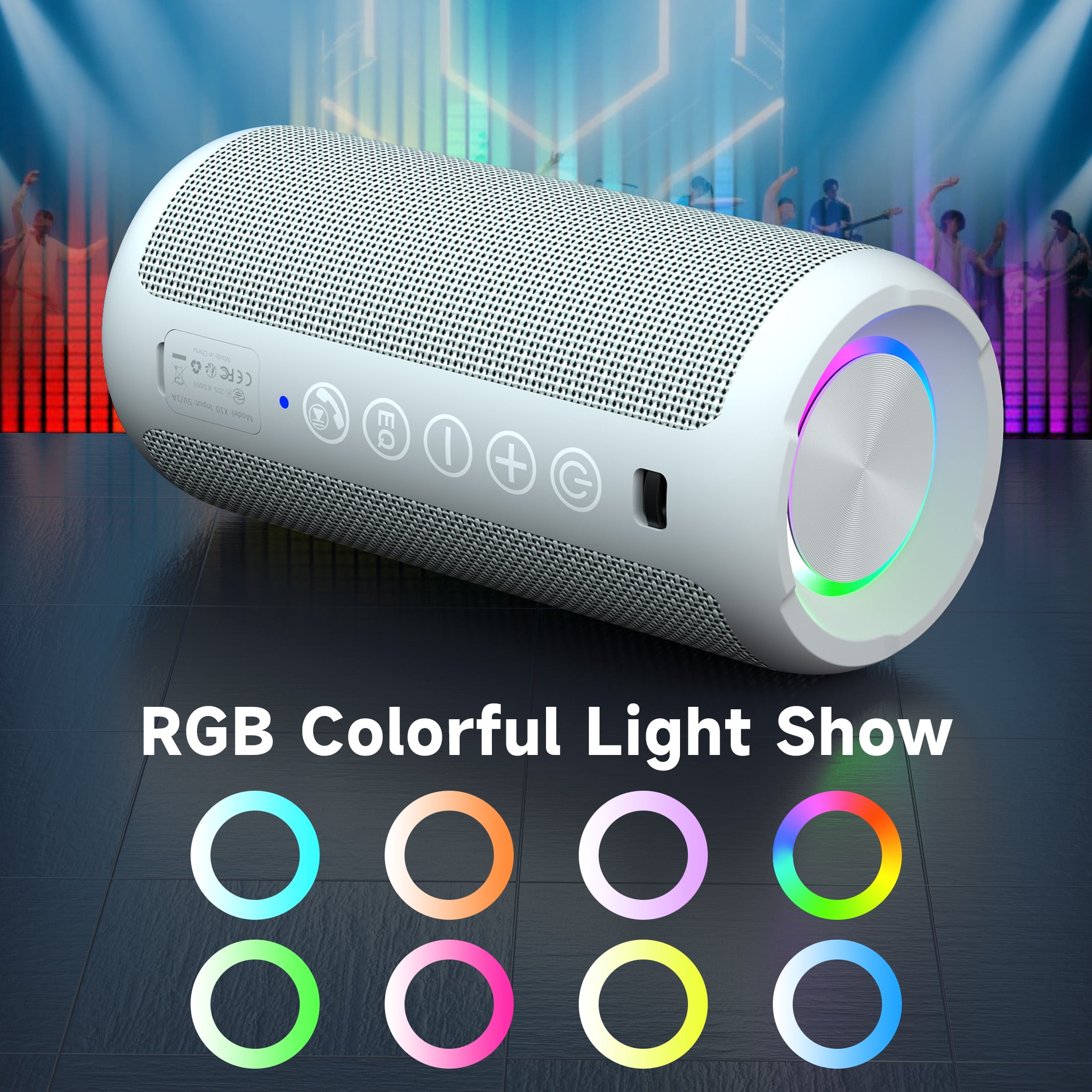 Solorage Portable Bluetooth Speaker IPX7 Waterproof, 24W Loud Sound, Deep Bass, Bluetooth 5.3, 30H Playtime, Wireless Stereo Pairing, LED Lights, for Home/Beach/Party/Outdoors-Gray