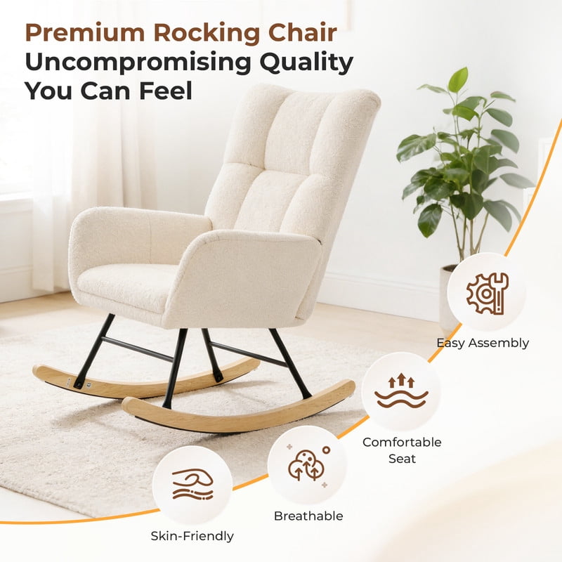 Gianna Rocking Chair with High Backrest, Teddy Upholstered Indoor Reading Glider Chair with Comfy Seat for Bedroom, Living Room, Beige