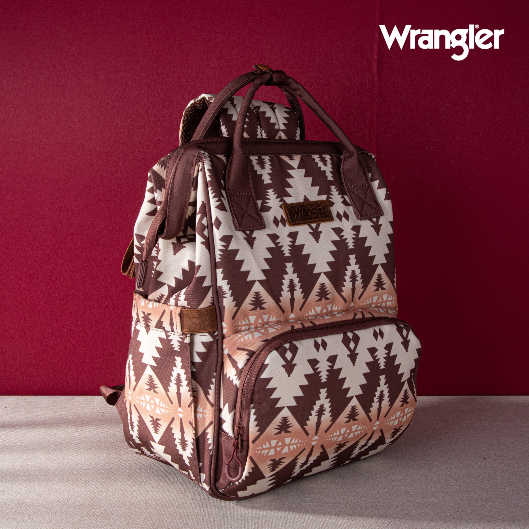 Wrangler Aztec Travel Backpack Baby Bag for Women with Stroller Strap and Side Bottle Pockets Organized Diaper Bag, Brown