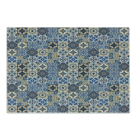 Moroccan Cutting Board, Tile Pattern with Portuguese Traditional Azulejo Motifs Oriental Curls, Decorative Tempered Glass Cutting and Serving Board, Small Size, Blue White Pale Brown, by Ambesonne