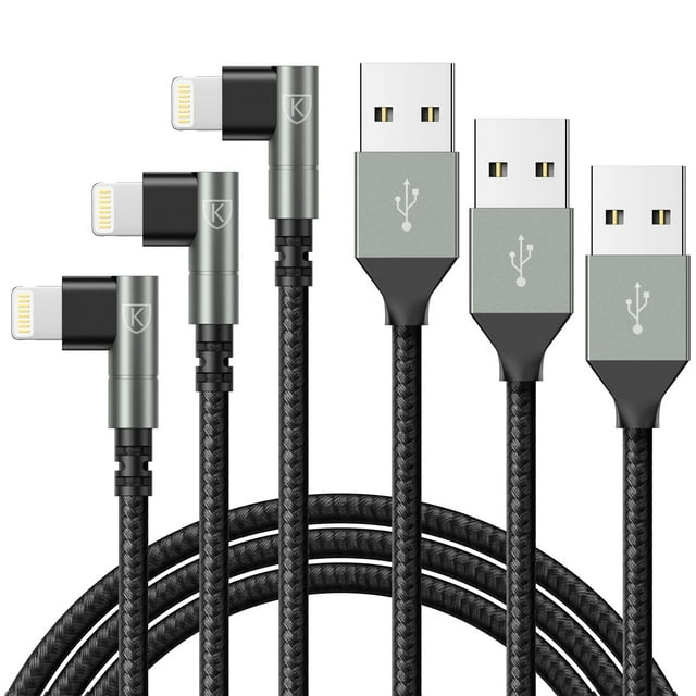 Cable de carga KIYODA, 90 grados, iPhone, 6 pies, paquete de 3 unidades, nailon negro