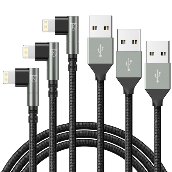 Cable de carga KIYODA, 90 grados, iPhone, 6 pies, paquete de 3 unidades, nailon negro