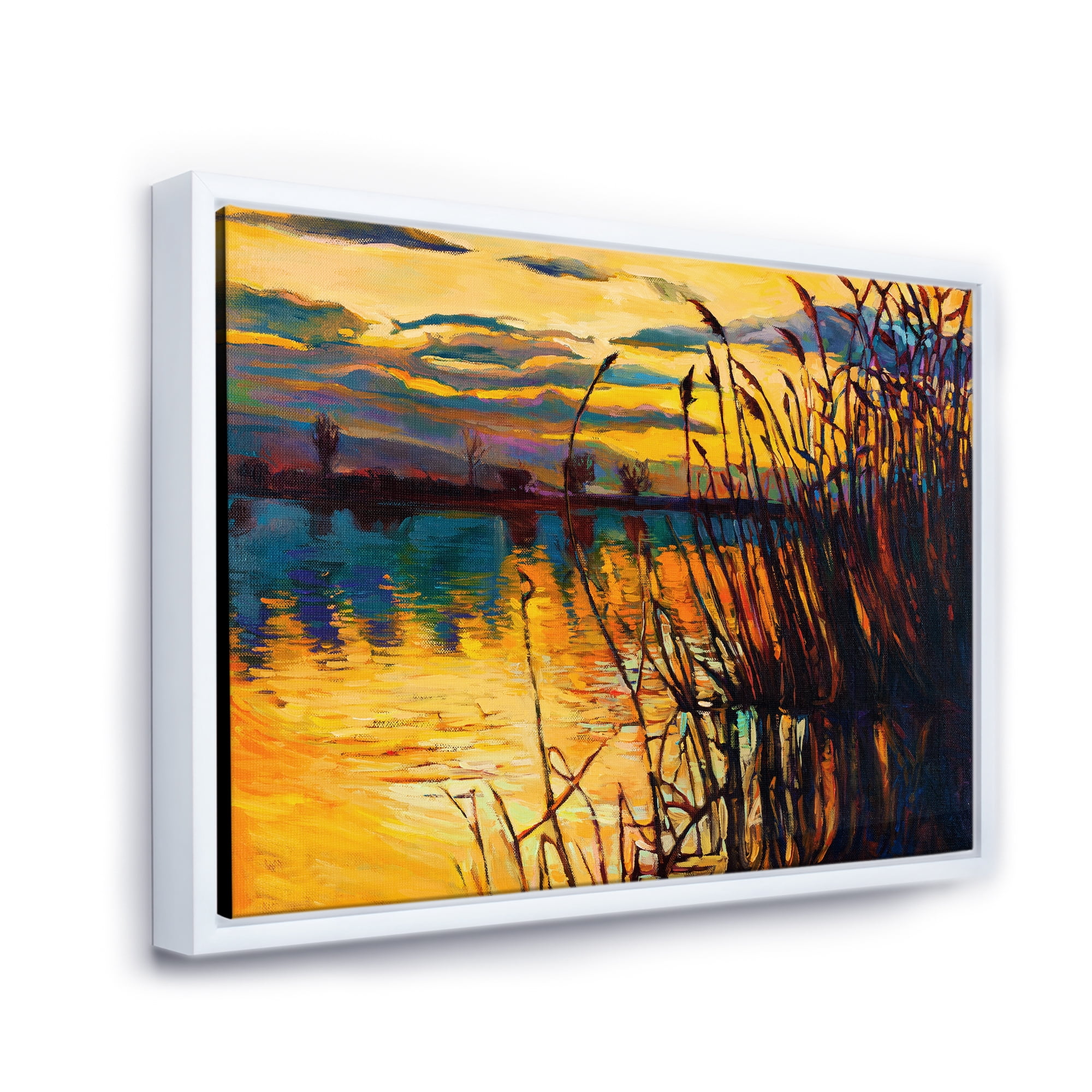 Designart 'Yellow Evening Glow Through The High Grass By The Lake' Nautical & Coastal Framed Canvas Wall Art Print