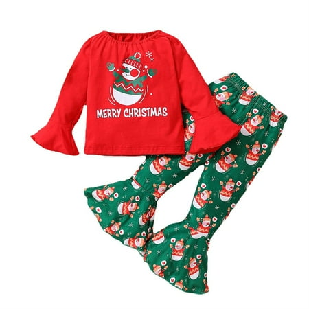 

PHENAS Baby Girl Christmas Outfit Santa Long Sleeve Xmas Tops with Bell-Bottoms Pants Holiday Fall Winter Clothes