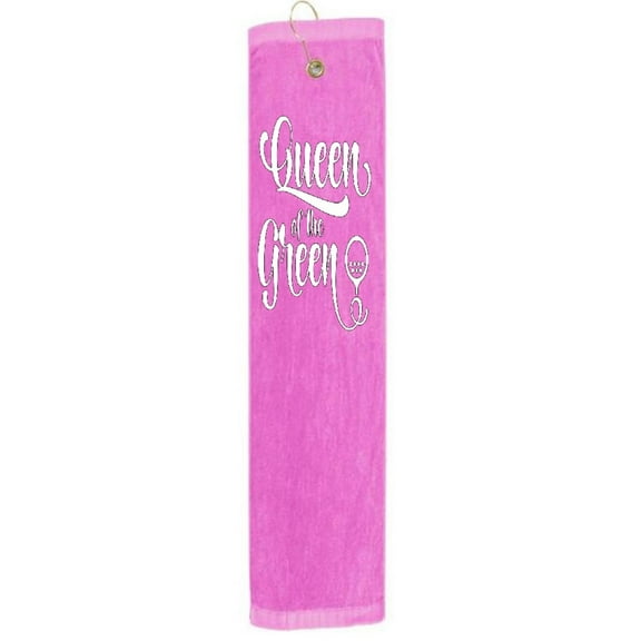 Queen Of The Green Girl Woman Tri-fold Golf Towel With Grommet & Hook Club Ball Tee Golfing Gift Birthday Baby Pink with White Vinyl 15" x 18"