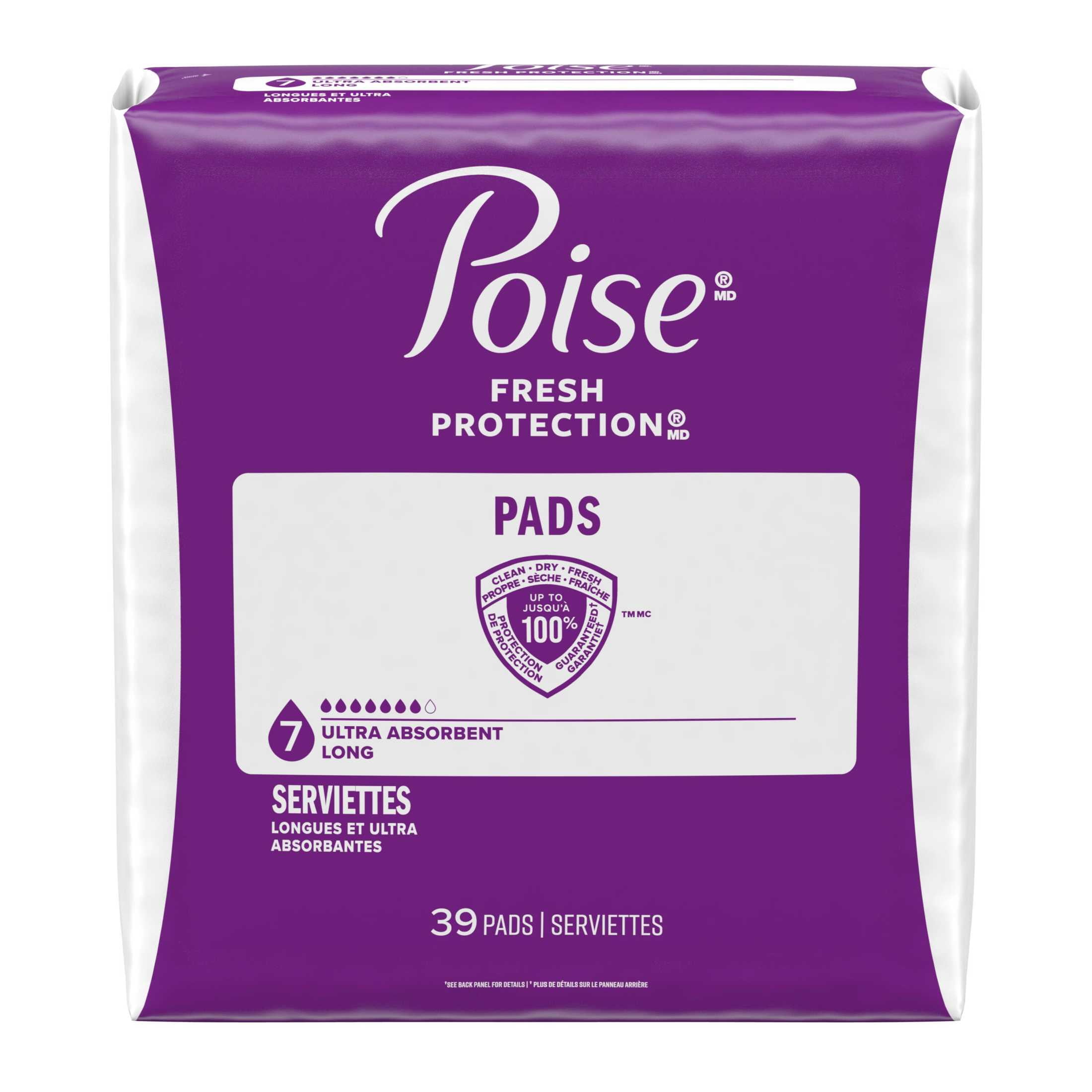 Poise Incontinence & Postpartum Pads for Bladder Leaks, 7 Drop Ultra Absorbency, Long Length, 78 Count