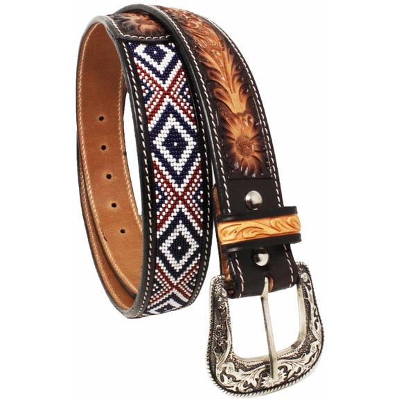 41-42  Men's 1-1/2" Wide Tan Leather Floral Tooled Casual Jean Belt 26FK38