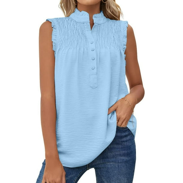Camiseta sin mangas de verano para mujer camisas informales sin mangas de poliester chaleco con cuello con botones lavable a maquina Bodega Aurrera en linea