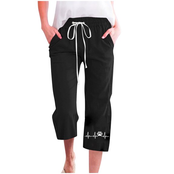 Generic Womens Linen Capri Pants Stretch High Waisted Drawstring Pant with Pockets Casual Straight Leg Summer Capris with Pocket