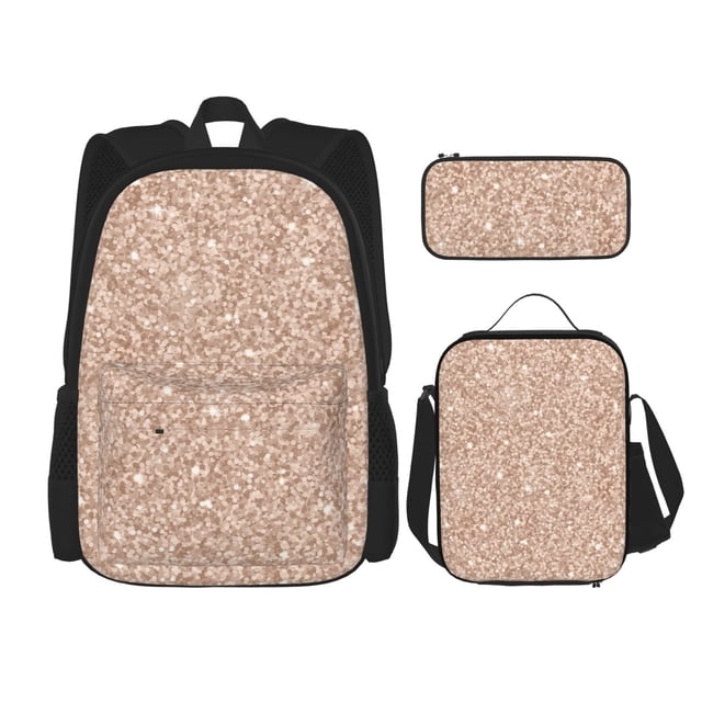 Disketp Beige Sparkling Glitter Mochila Estampada de Gran Capacidad con Lonchera y Estuche, Set de 3 Piezas para Estudiantes