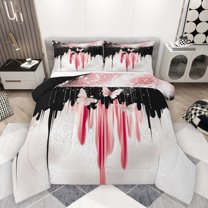 Homewish Glitter Romantic Butterfly Queen Comforter Set, Black Pink Sequin Print Bedding Sets, Teens Kids Girls Women Reversible Bedding Comforter Set, Lightweight Room Decor, 3pcs