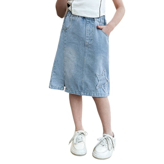 Girls Long Denim Skirt ,Side Split and Star Pattern,Midi Knee Length Vintage Jean Skirts Elastic High Waist Ripped Aesthetic Jean Dress(Sky Blue/120)