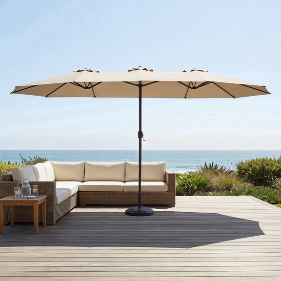 Zateety 14.8 Ft Double Sided Outdoor Umbrella Rectangular Large with Crank ( khaki )