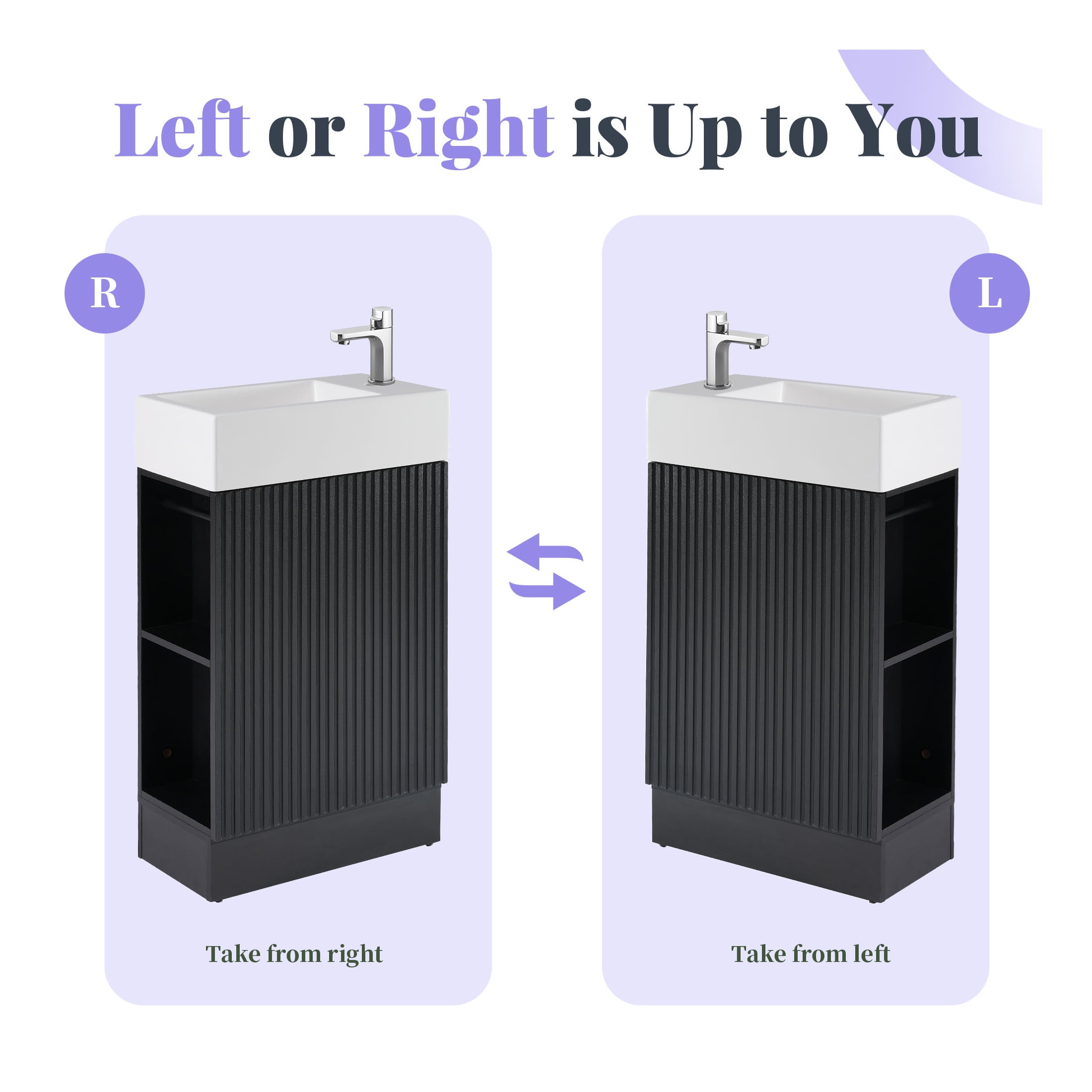 GDF Studio 18.6" Bathroom Vanity with Sink, MDF Cabinet with 2-Tier Shelf, Left/Right Orientation, Black