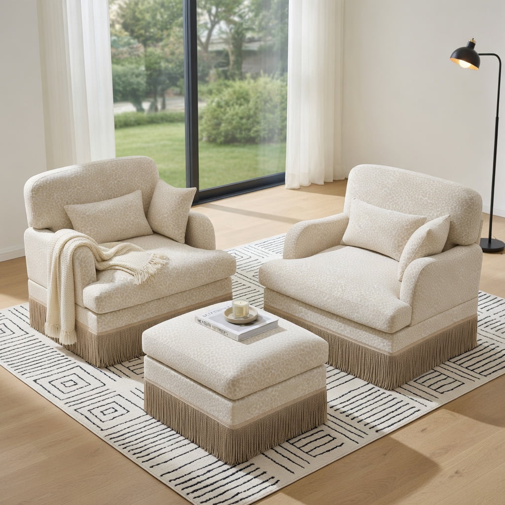 Hommoo Leopard Print Chenille Loveseat Sofa with Movable Ottoman & Tassel Trim, 2-Seat Modern Deep-Seat Couch for Living Room, Beige
